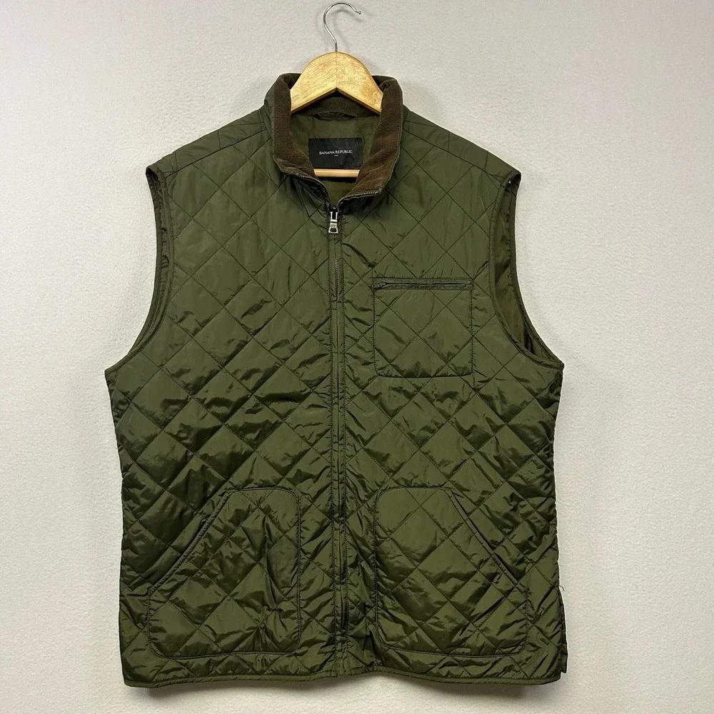 Banana Republic Gorpcore Equestrian Mens L Olive Green Quilted Corduroy Vest